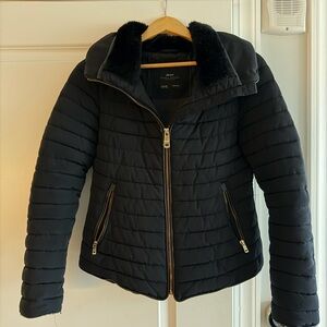Zara Navy Puffer Jacket with Faux Fur Collar, Used